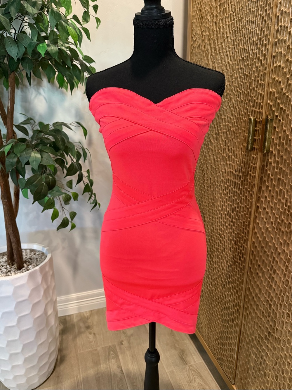 H&M Strapless Bright Coral Bandage Bodycon Dress